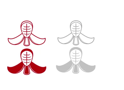 Four variants of the men shape: red outline, gray outline, red filled, and gray filled, arranged in a 2x2 grid.