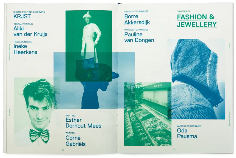 A scanned spread from a real textile-museum publication: 'Chapter 01: Fashion & Jewellery,' profiling Dutch designers Borre Akkersdijk, Pauline van Dongen, Esther Dorhout Mees, Corné Gabriëls, and Oda Pausma, with photographs of their work.
