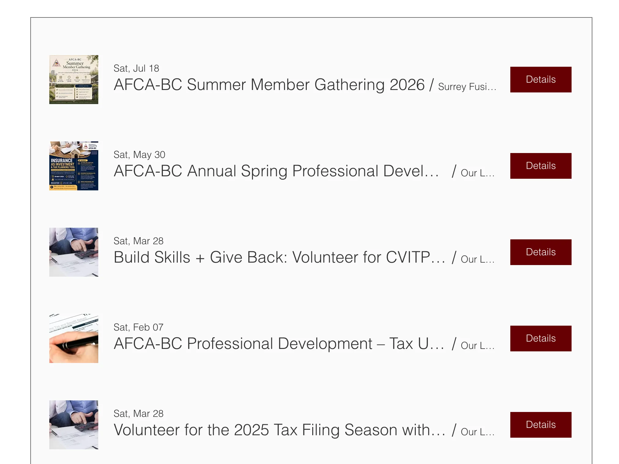 A list of past and upcoming AFCA-BC events, each with a thumbnail, date, title, and a Details button.