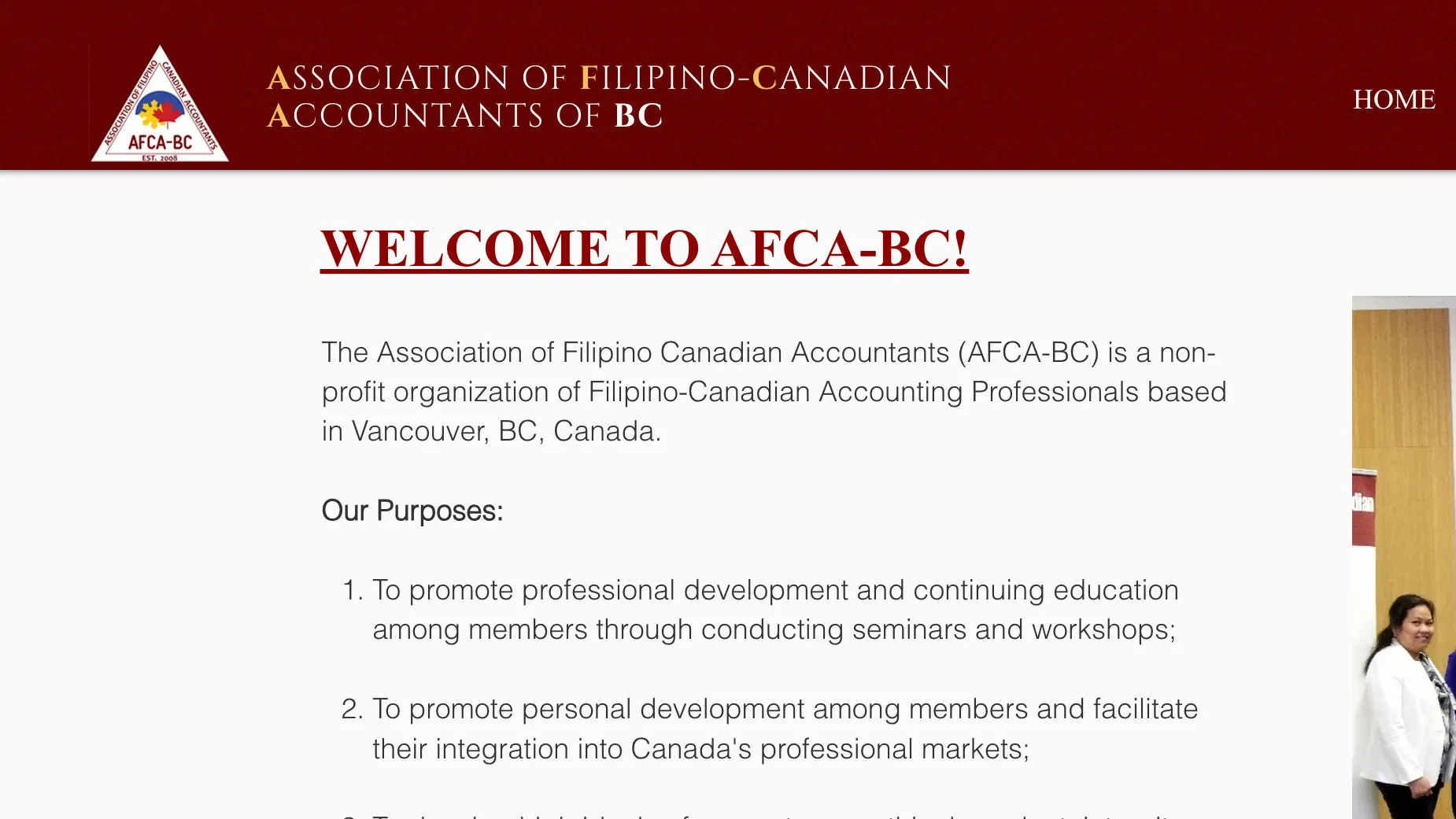 The AFCA-BC homepage header and "Welcome to AFCA-BC!" introduction, with the organization's logo, wordmark, and a photo of members at a club event.