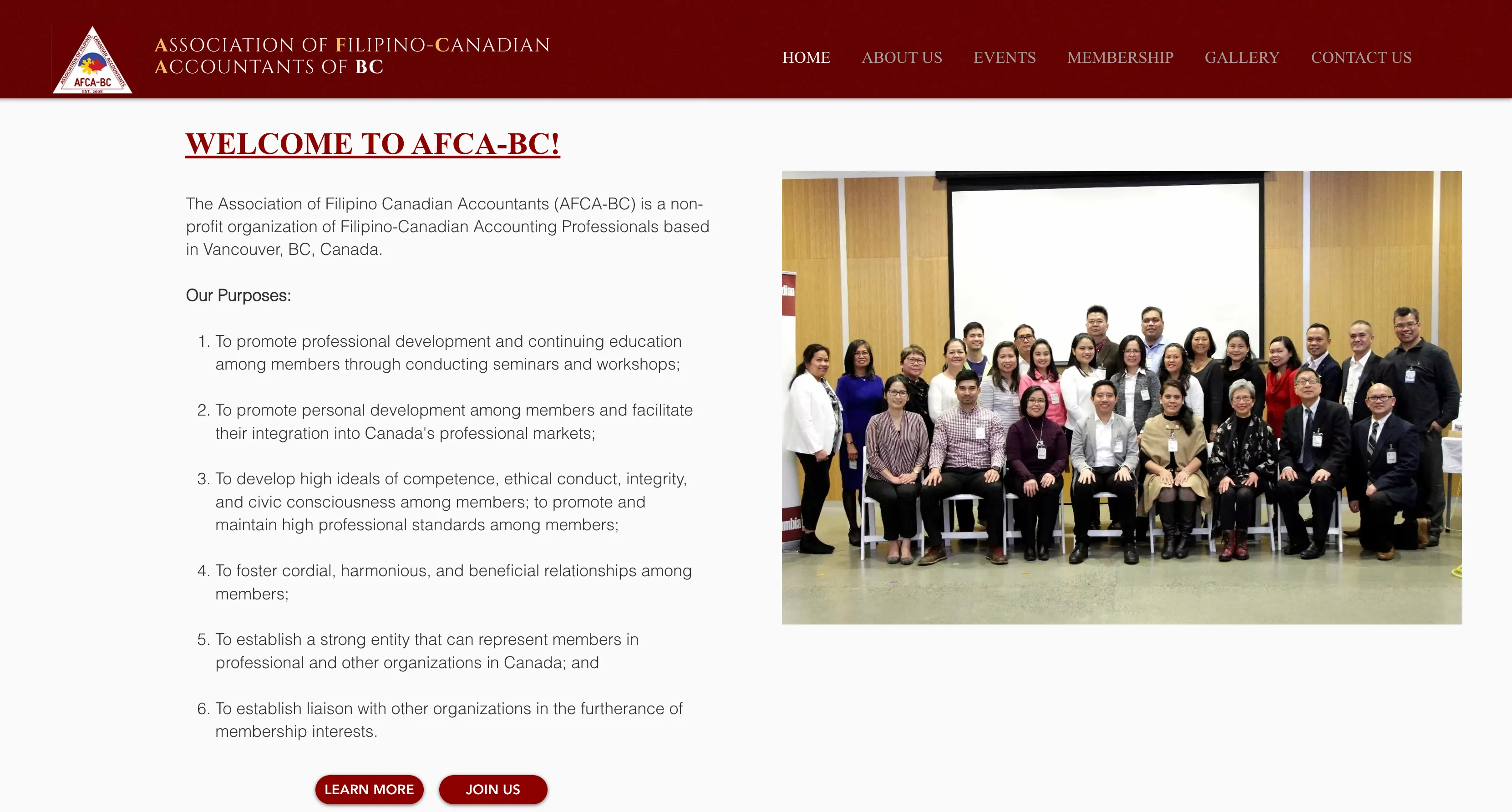The current AFCA-BC homepage — a maroon header bar, serif wordmark, "Welcome to AFCA-BC!" heading, numbered list of the organization's purposes, and a real photo of club members.
