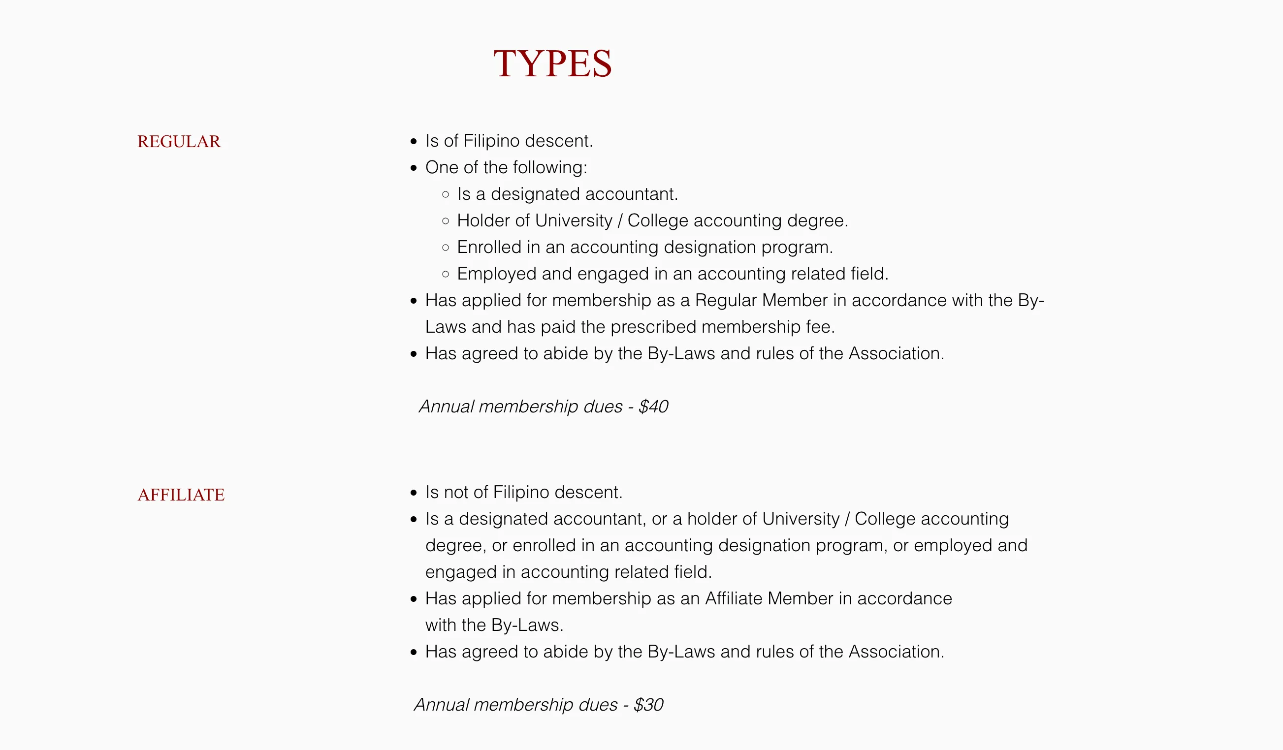 The current membership 'Types' sub-page, listing Regular and Affiliate membership criteria and annual dues.