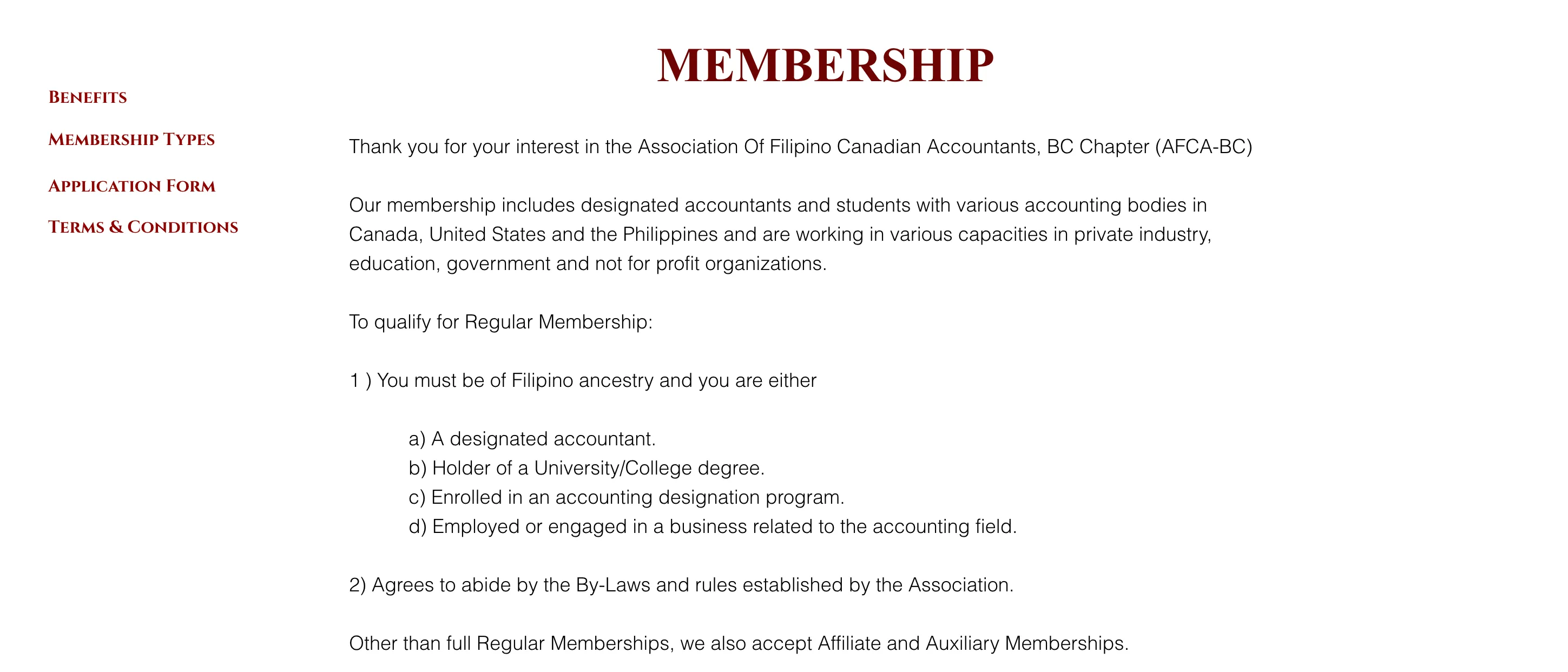 The current AFCA-BC membership page: a centered serif 'Membership' heading, a fully legible left-side sub-navigation, and left-aligned body copy on a white background.