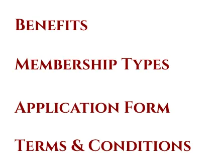 The current membership sub-navigation, fully legible: Benefits, Membership Types, Application Form, Terms & Conditions.