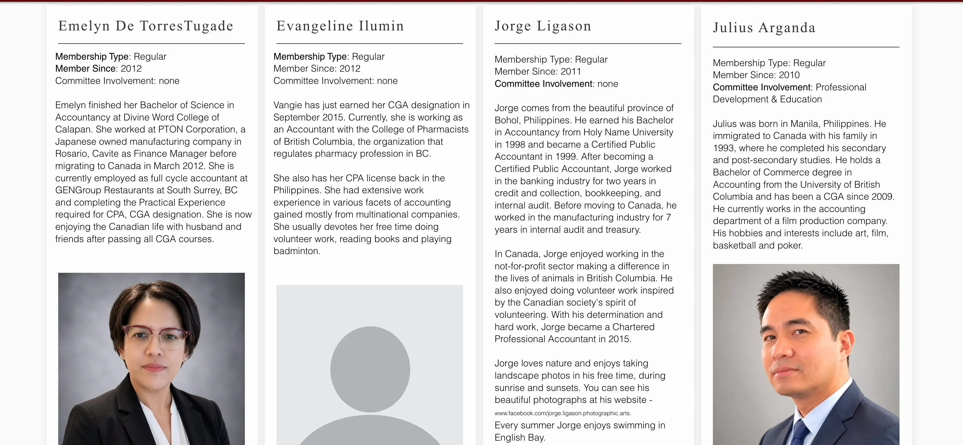 A grid of member profile cards, each with a name, membership type, member-since year, committee involvement, a bio, and a headshot.