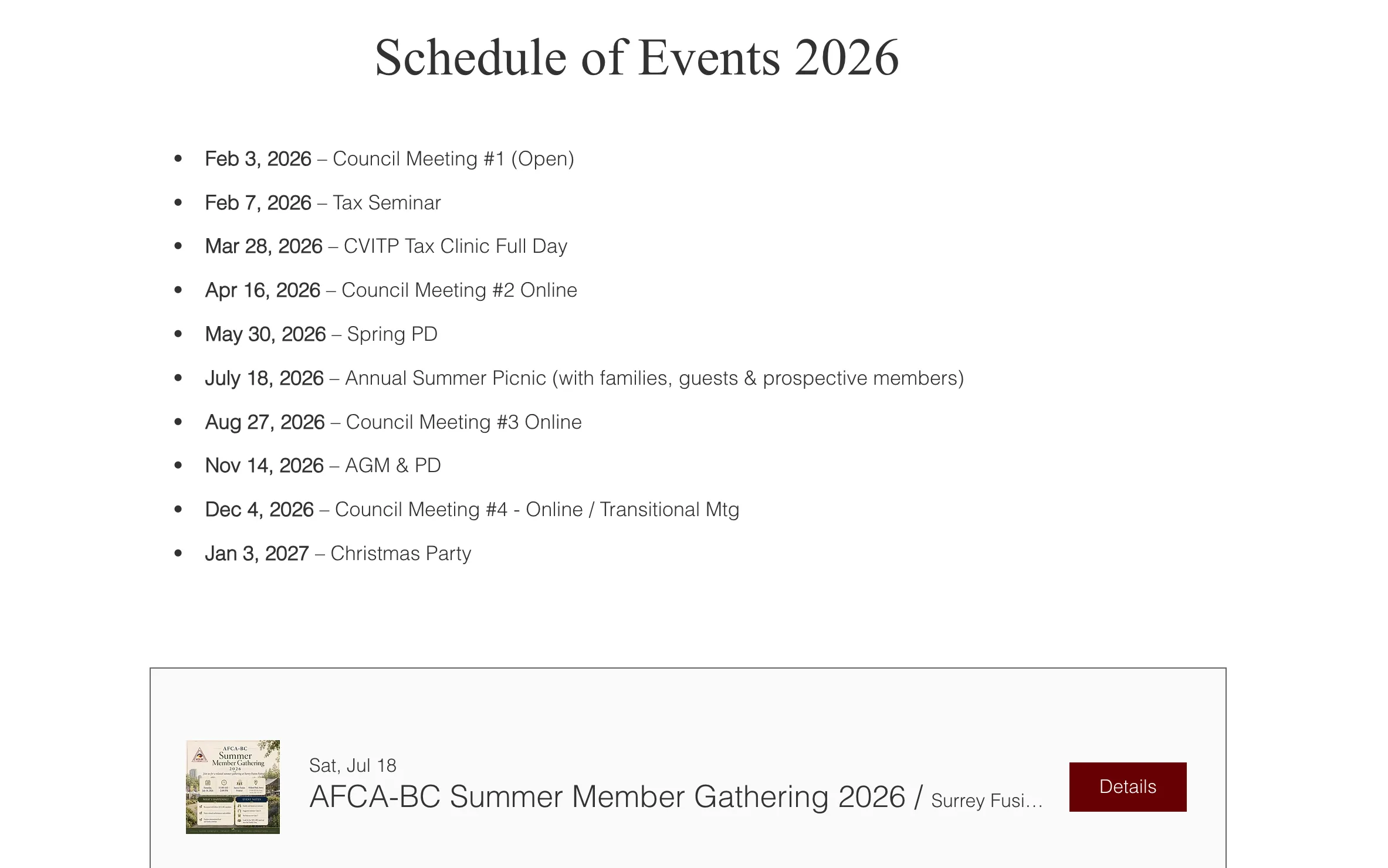 The 'Schedule of Events 2026' page, listing ten dated organizational events from February 2026 through a January 2027 Christmas party.