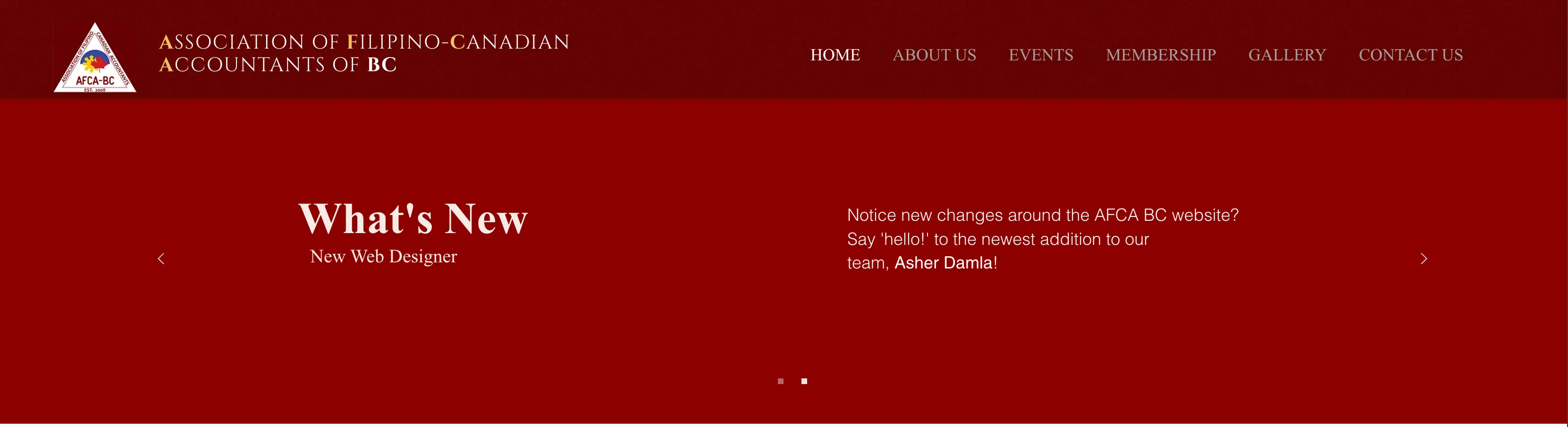 The current AFCA-BC homepage's 'What's New' carousel, its 'New Web Designer' slide reading: 'Notice new changes around the AFCA BC website? Say hello! to the newest addition to our team, Asher Damla!'