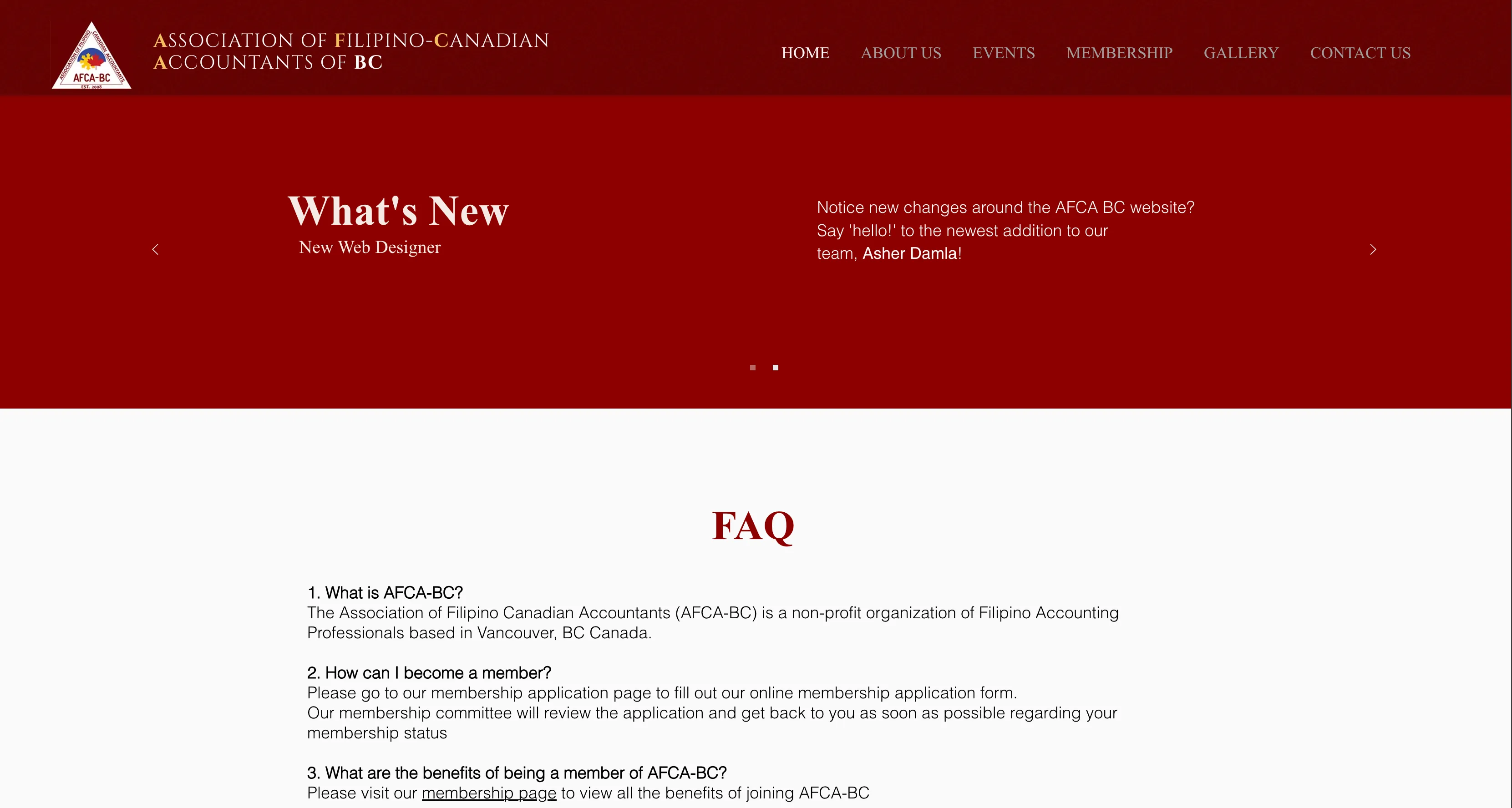 The homepage's 'What's New' carousel, showing an announcement about a new web designer joining the team, and an FAQ section below it.