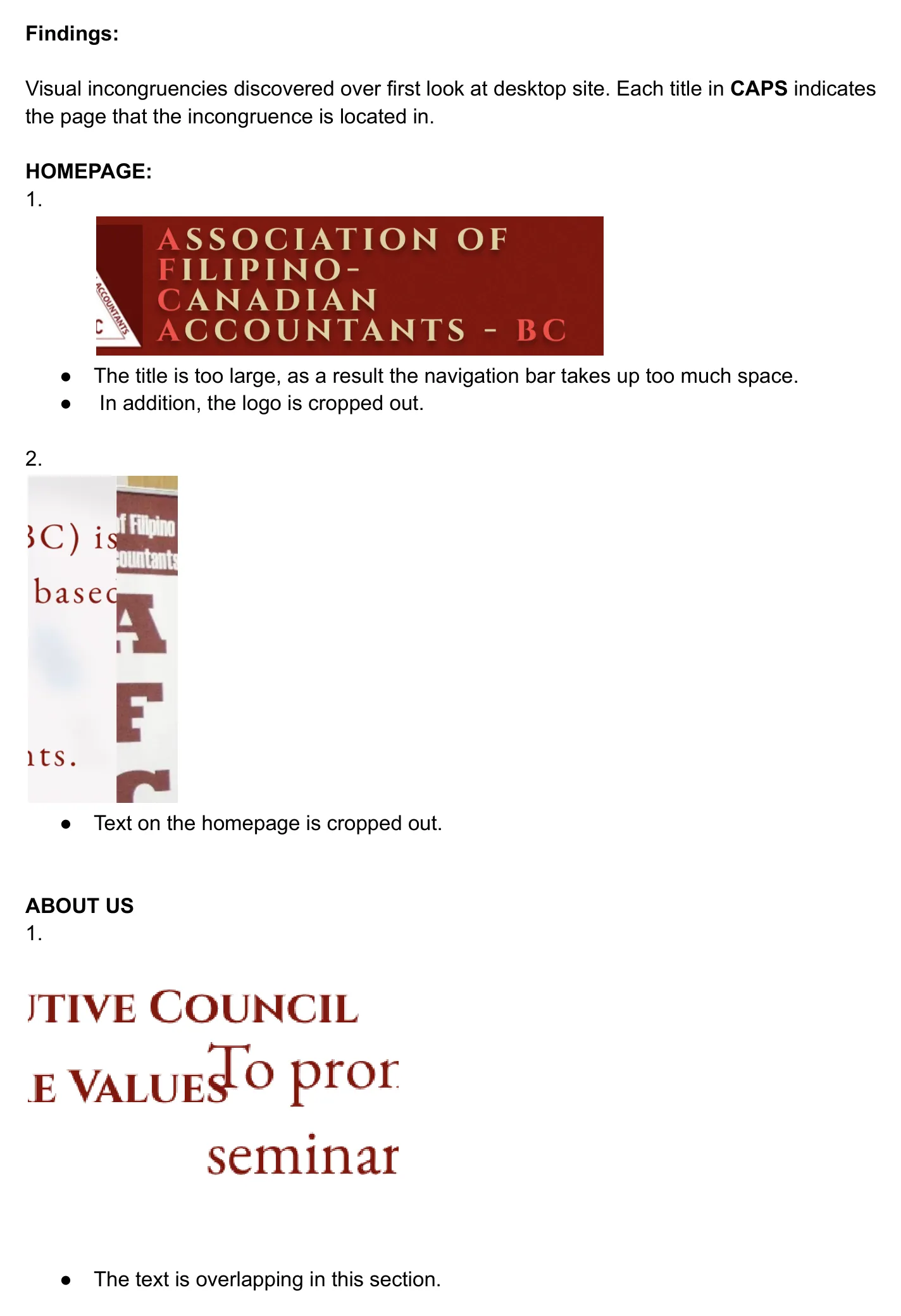 Page 1 of the preliminary investigation document: typed findings on the Homepage and About Us pages, each paired with a screenshot of the specific problem.