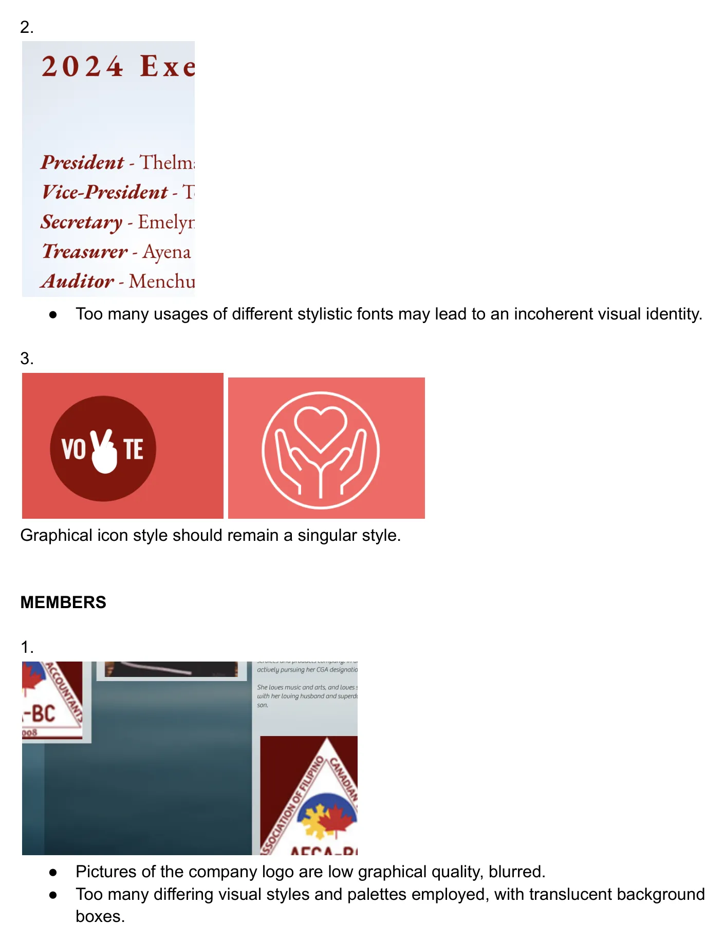 Page 2 of the preliminary investigation document: findings on About Us typography/iconography and the Members page.
