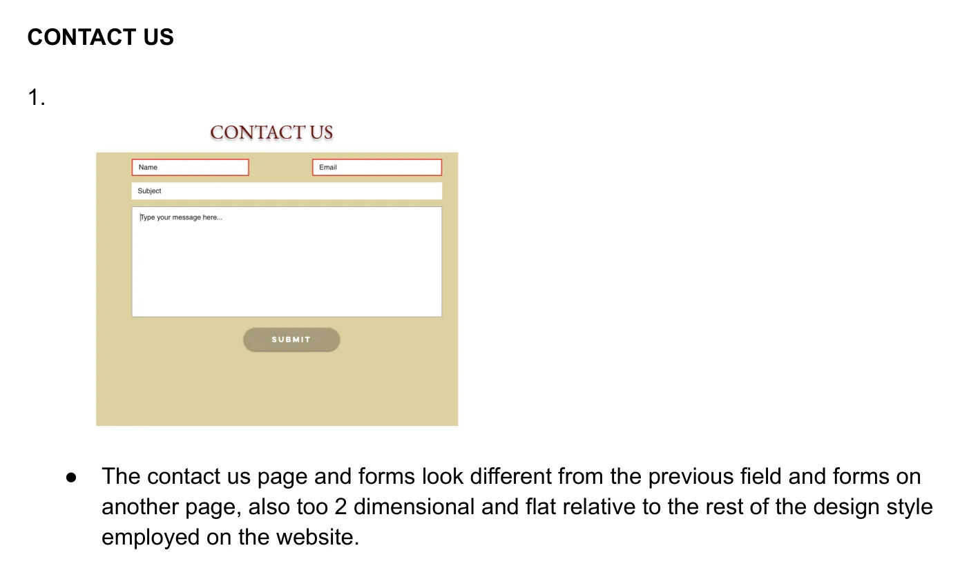 Page 3 of the preliminary investigation document: a finding on the Contact Us page's form styling.