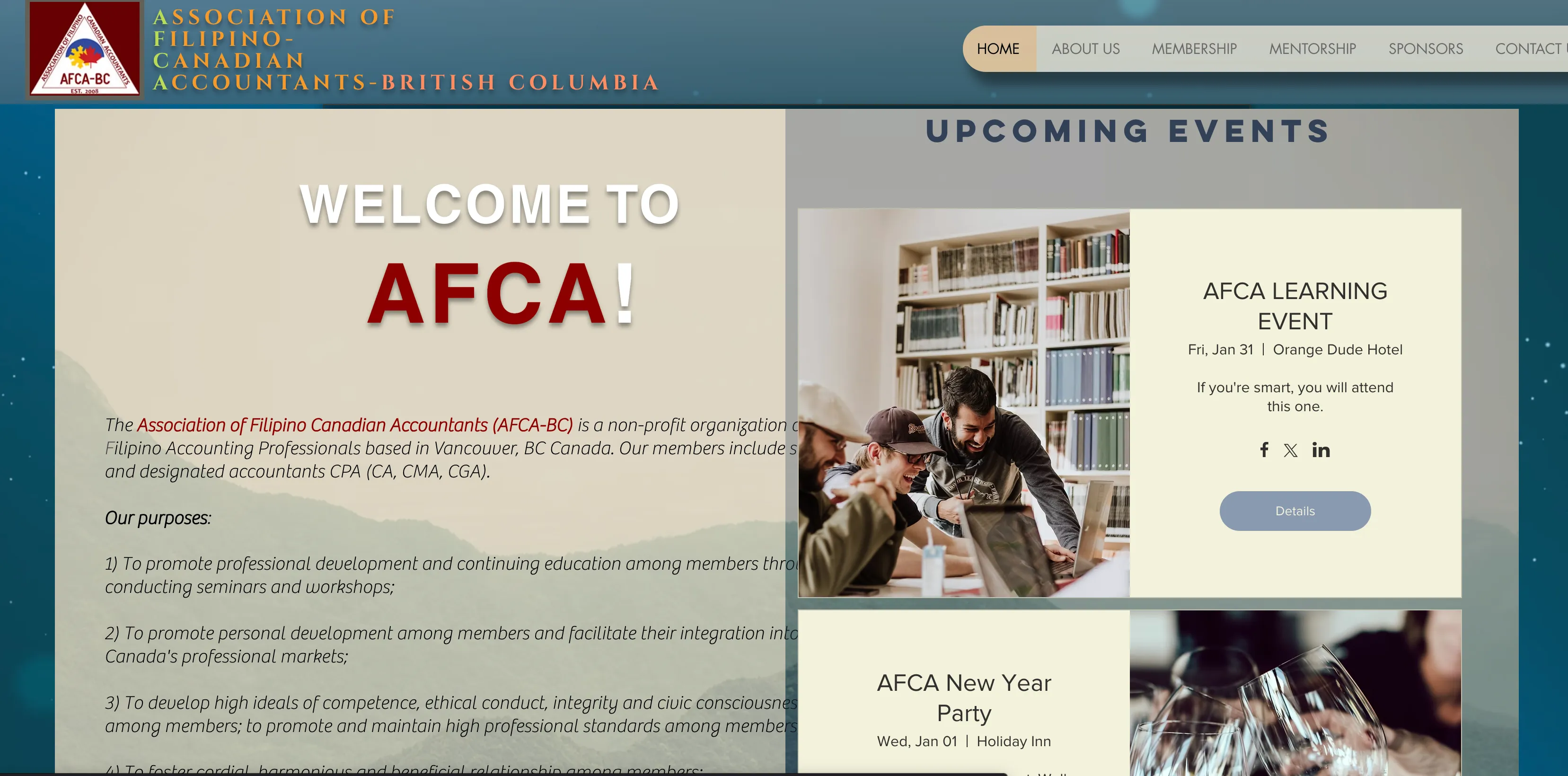 The old AFCA-BC homepage: a blue-gray hero with mixed orange and yellow-green title lettering, a cream content panel, and a stock-photo events module.