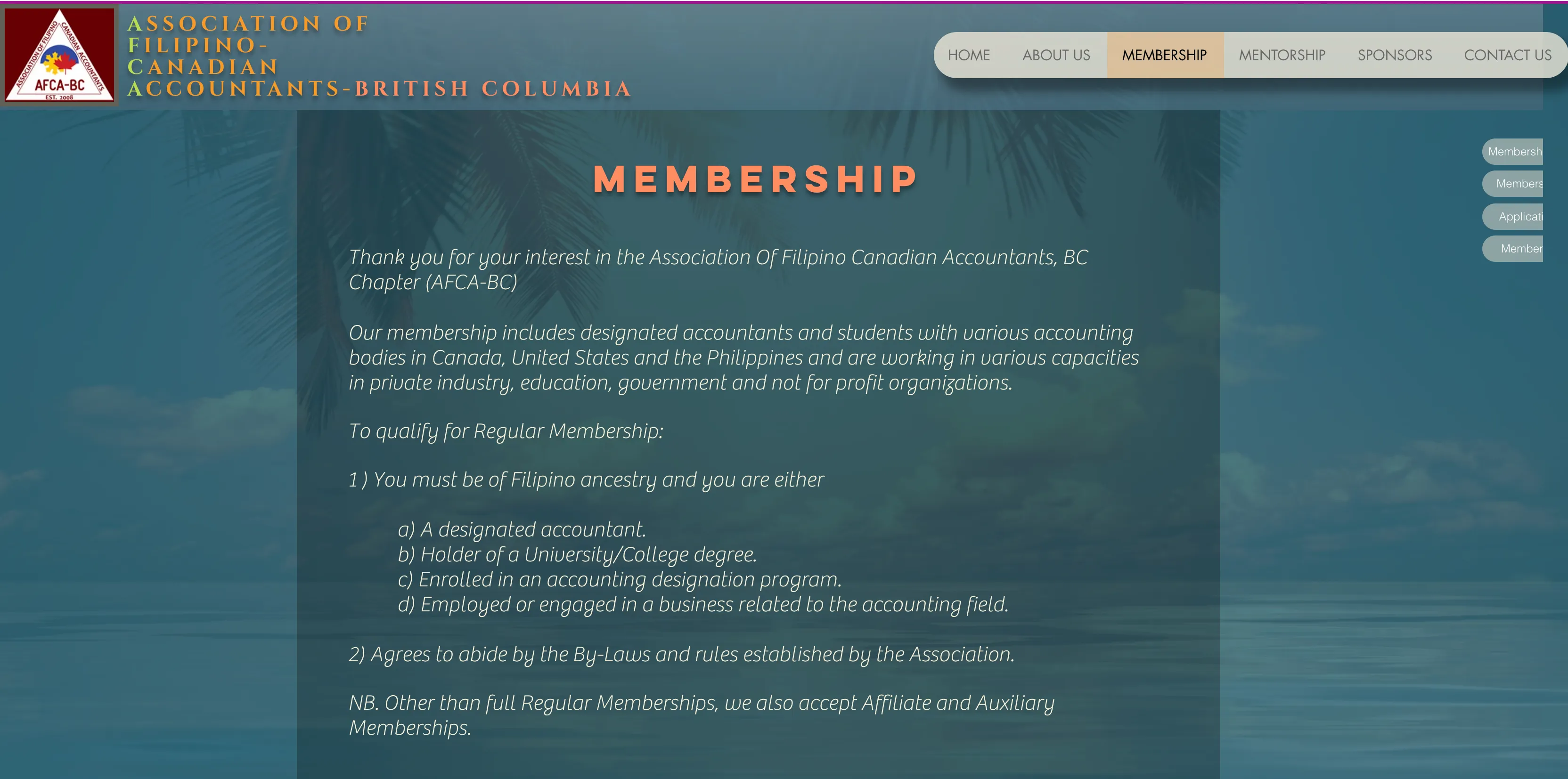 The old AFCA-BC membership page: a dark palm-tree background photo, italic white body text, and a right-side sub-navigation of pill buttons with their labels visibly cut off.