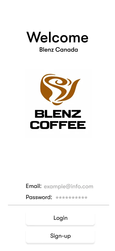 Original Blenz app login screen, "Welcome, Blenz Canada," using the previous Blenz logo.