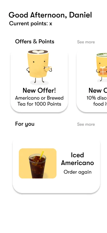Original Blenz app home/offers screen showing a points balance and a redeemable offer.