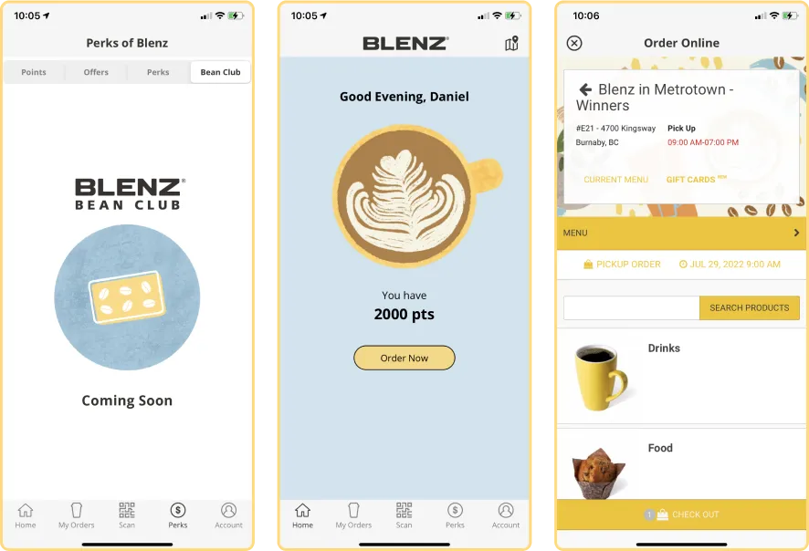 Original Blenz app screens: Bean Club perks (marked "Coming Soon"), a home screen showing a points balance, and the Order Online checkout list.