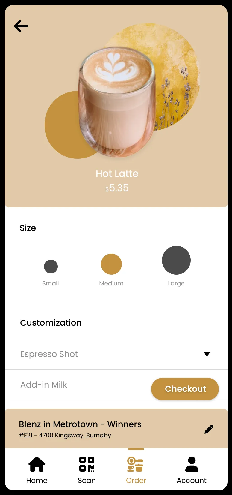Redesigned Blenz Coffee app — product screen for a Hot Latte showing size, customization options, and the checkout action.