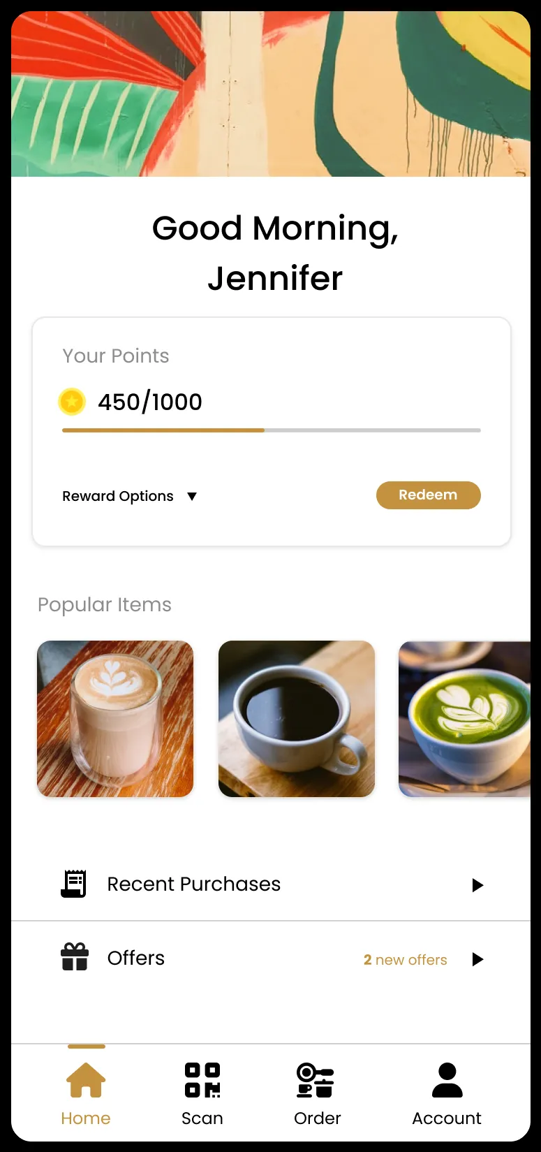 Redesigned home screen showing a points balance and popular items.