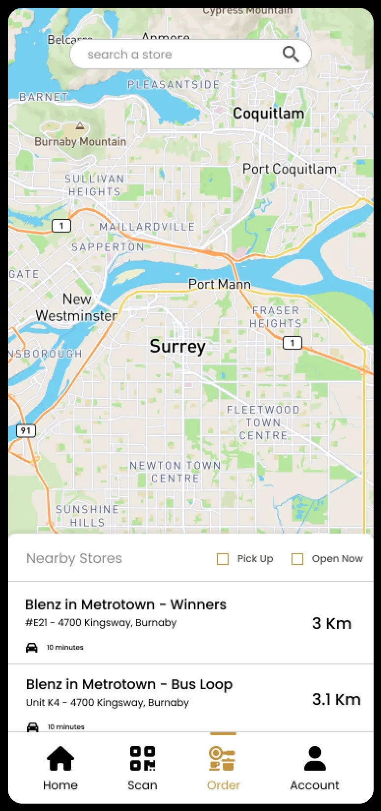 Redesigned store locator screen with a map and nearby store list.