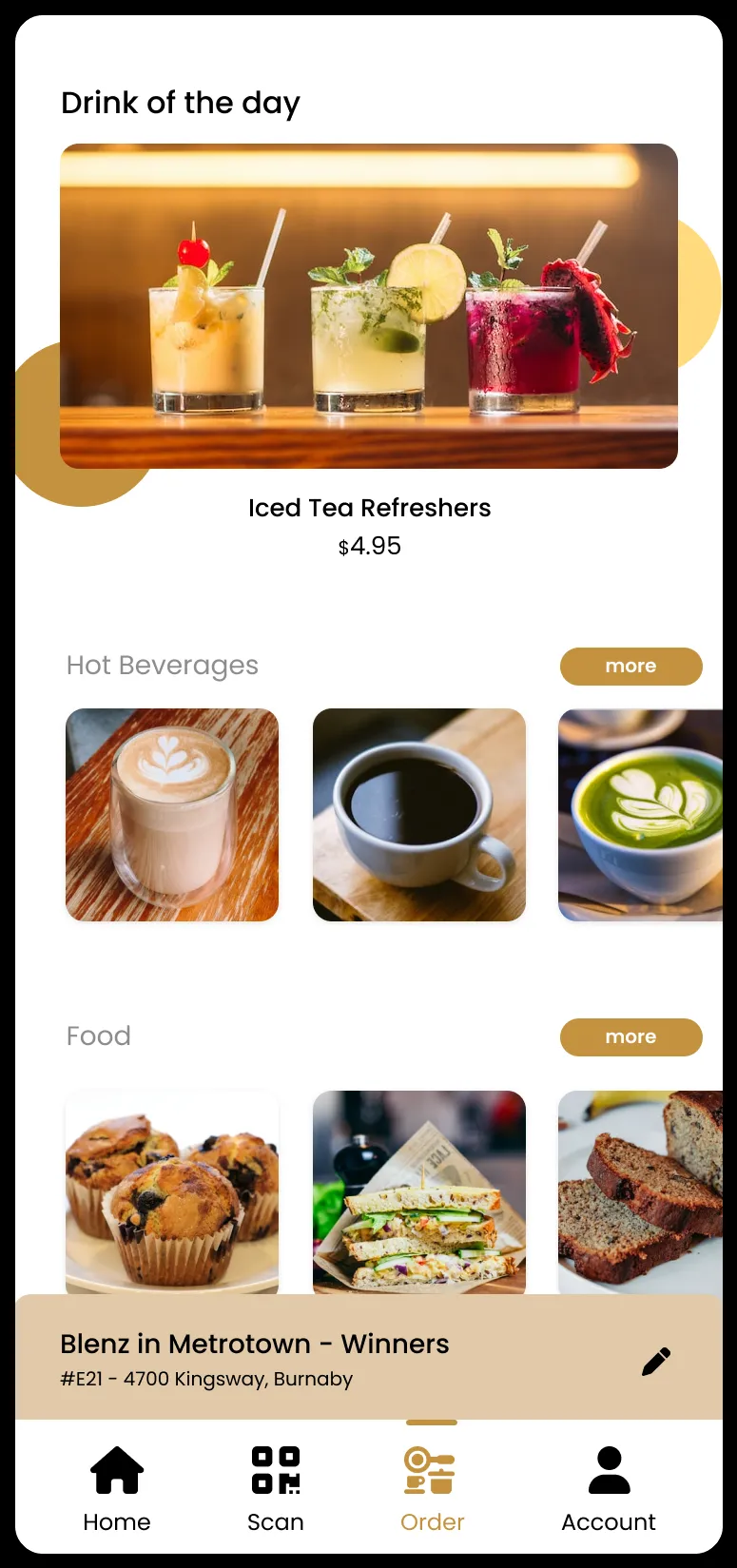 Redesigned menu screen showing drink of the day, hot beverages, and food categories.