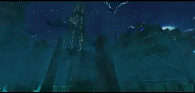 In-engine environment shot: glowing cyan towers under a starry sky with lightning, part of the cyborg-city environment.