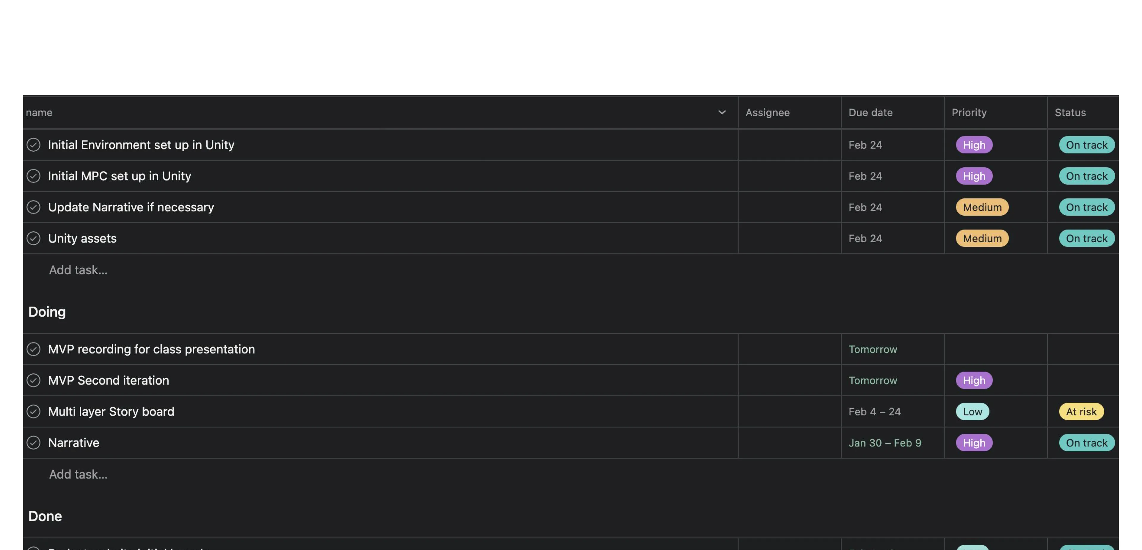 A screenshot of the team's Asana board: a To Do column with 'Initial Environment set up in Unity' and 'Initial MPC set up in Unity' marked High priority and On track; a Doing column with 'MVP recording for class presentation,' 'MVP Second iteration,' 'Multi layer Story board,' and 'Narrative.'
