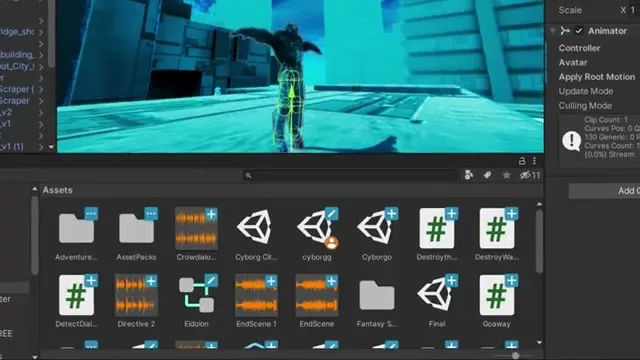Unity Editor screenshot: a rigged humanoid character with an animation-rig overlay, standing in a built city environment, with an Animator component (Controller, Avatar, Apply Root Motion) open in the Inspector panel and a Project panel listing assets including 'Cyborg_Cit...', 'cyborgg', 'DetectDial...', 'EndScene', and 'Final'.