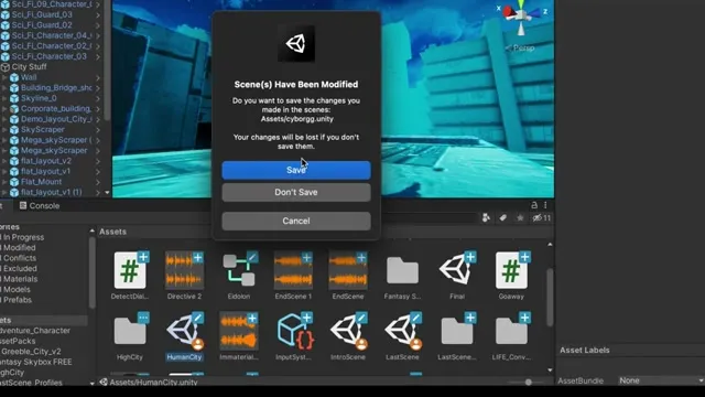 Unity Editor screenshot: a 'Scene(s) Have Been Modified' save dialog for Assets/cyborgg.unity, over the same city environment, with a Hierarchy panel listing sci-fi character and city assets and a Project panel showing folders including HighCity, HumanCity, EndScene 1, and IntroScene.