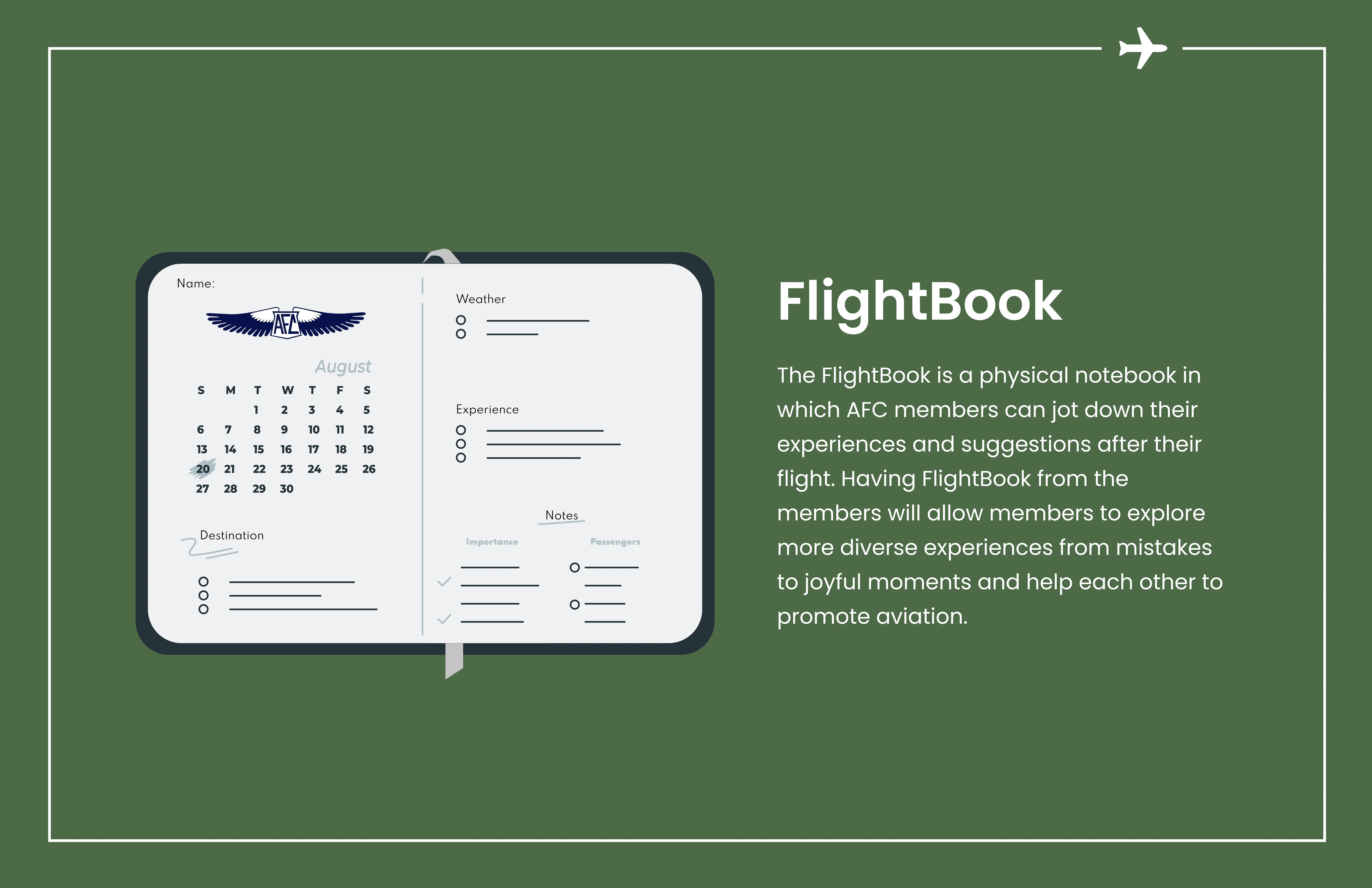 Early "FlightBook" concept slide describing a physical notebook for members to record flight experiences and suggestions.