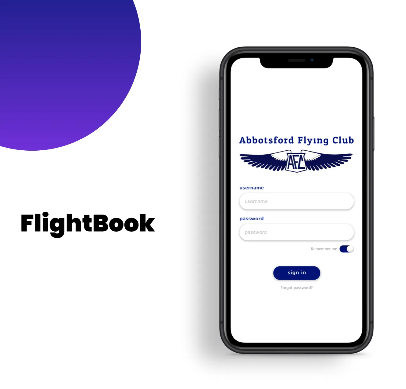 FlightBook sign-in screen with the Abbotsford Flying Club wordmark and wing emblem on a plain white background.