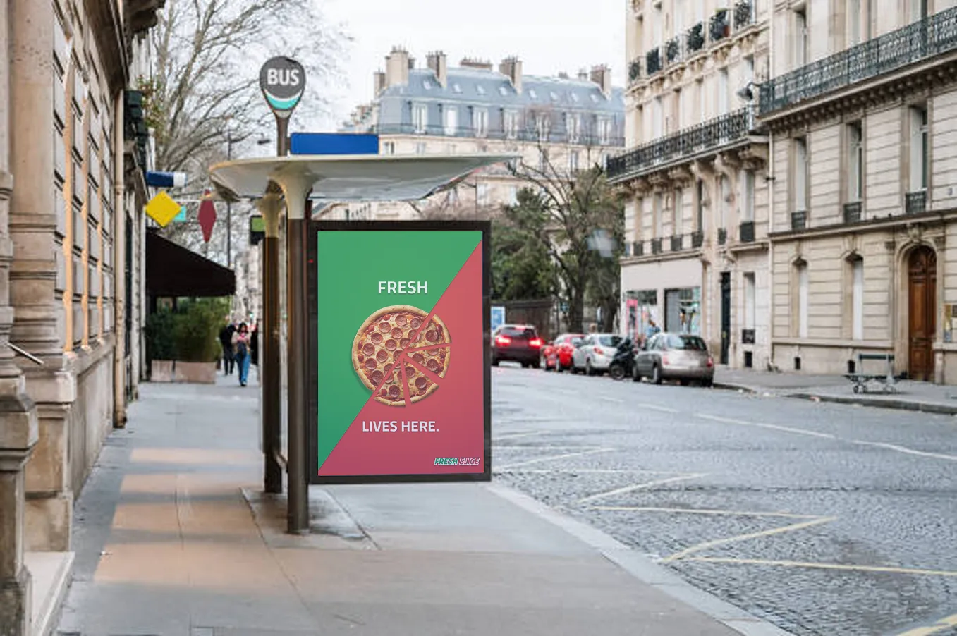 A bus-stop advertisement mockup showing the 'Lives Here' poster composited into a street-side ad panel.