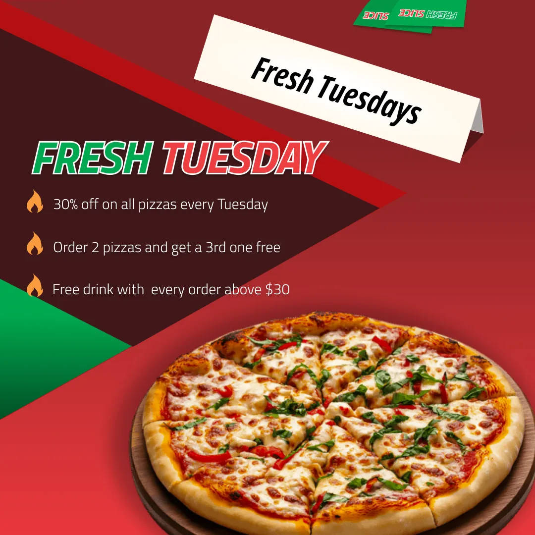 A square Instagram promotional post reading 'Fresh Tuesday, 30% off,' with a photograph of a fresh pizza.