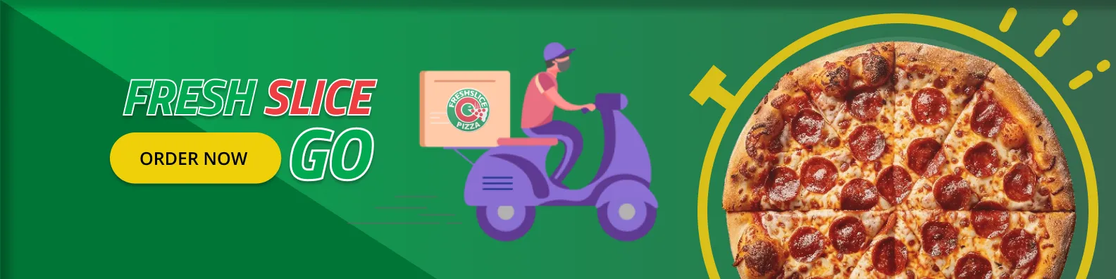 A wide 'Fresh Slice GO' delivery banner illustration, showing a delivery-scooter graphic alongside a pizza photograph and the Freshslice logo.