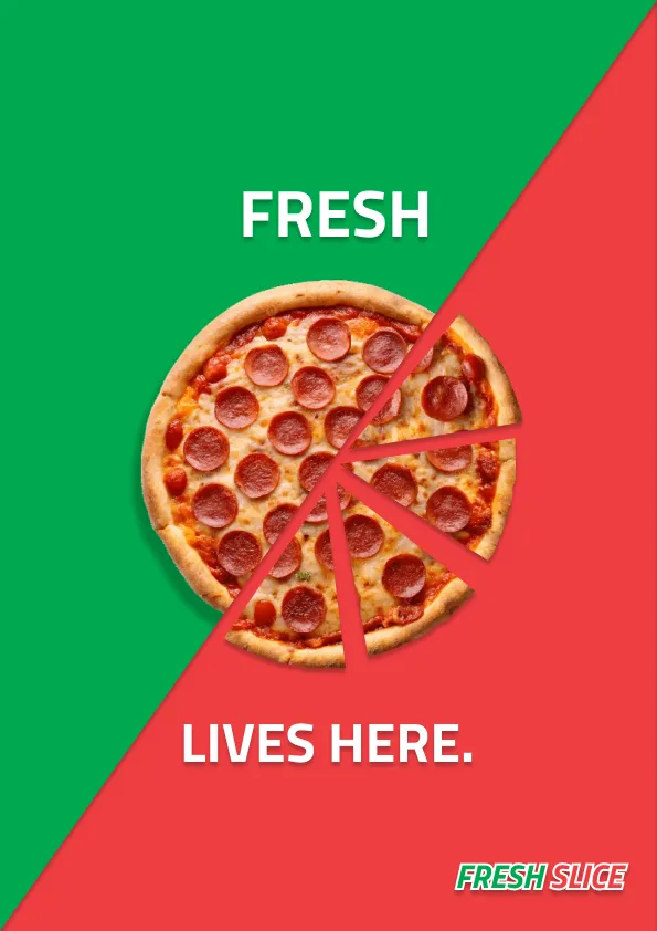The same 'Fresh / Slice Lives Here' phrase explored with a solid white-fill lettering treatment.