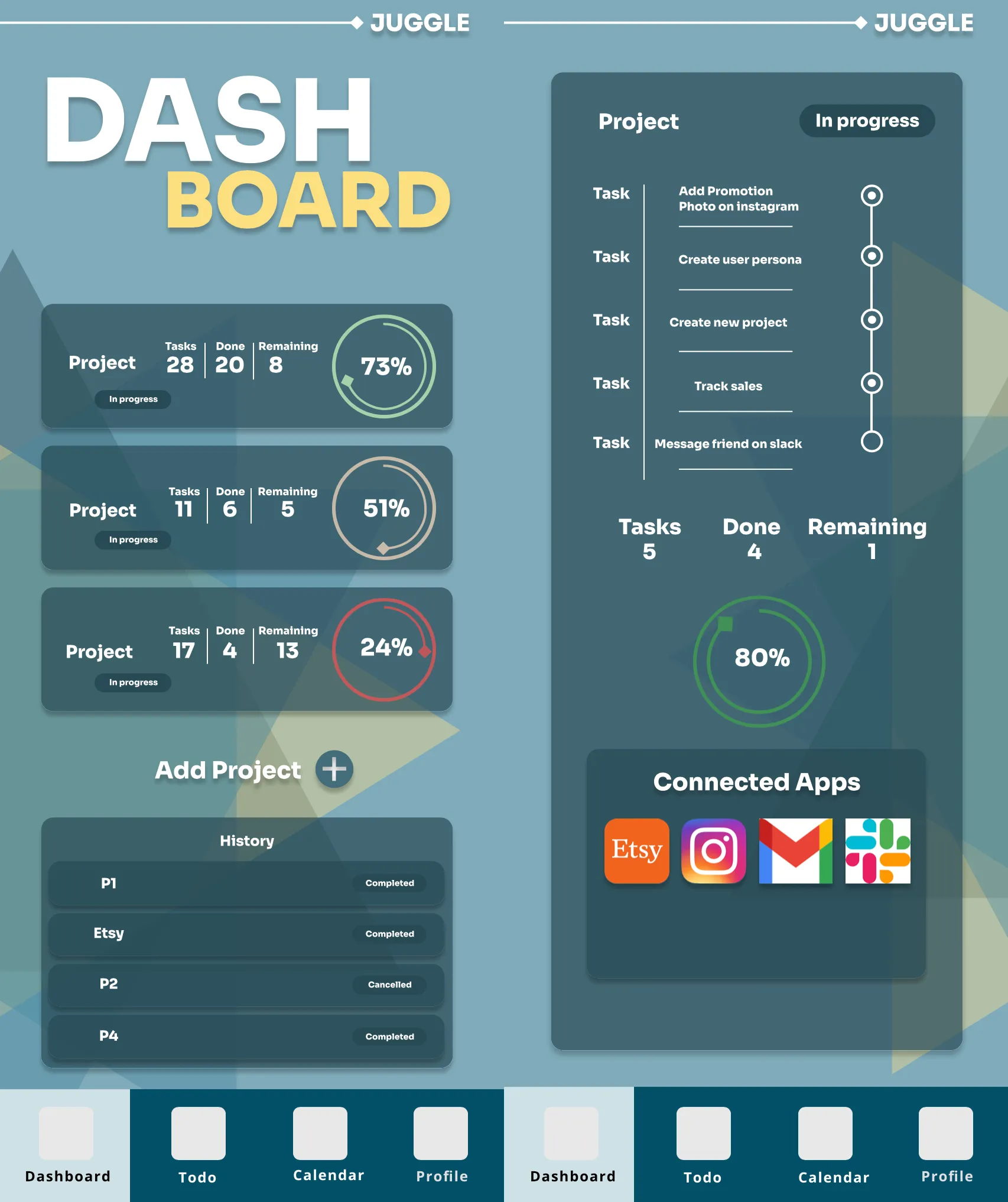 Two Juggle screens: a Dashboard listing three in-progress projects with circular completion rings (73%, 51%, 24%), and a Project detail view with a task checklist, an 80% completion ring, and connected third-party apps (Etsy, Instagram, Gmail, Slack).