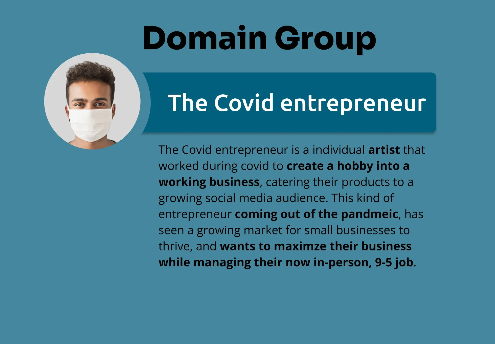 A 'Domain Group' research slide profiling 'The Covid entrepreneur' — an individual artist who turned a hobby into a business during the pandemic and now manages it alongside an in-person job.