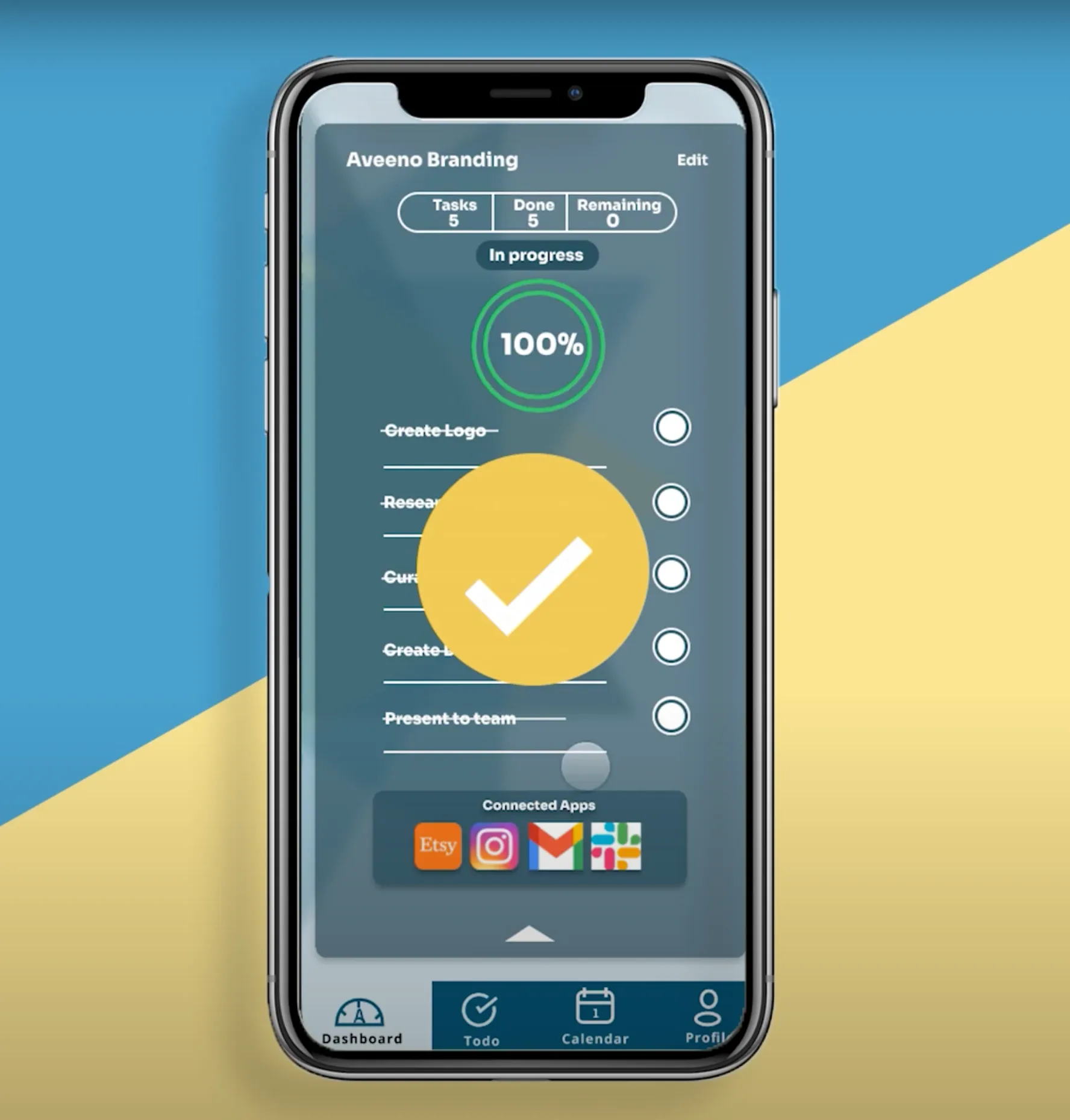 The Juggle app's Todo screen in a phone mockup, showing a task-completion gauge, several crossed-out completed tasks, and a checkmark animation overlay.