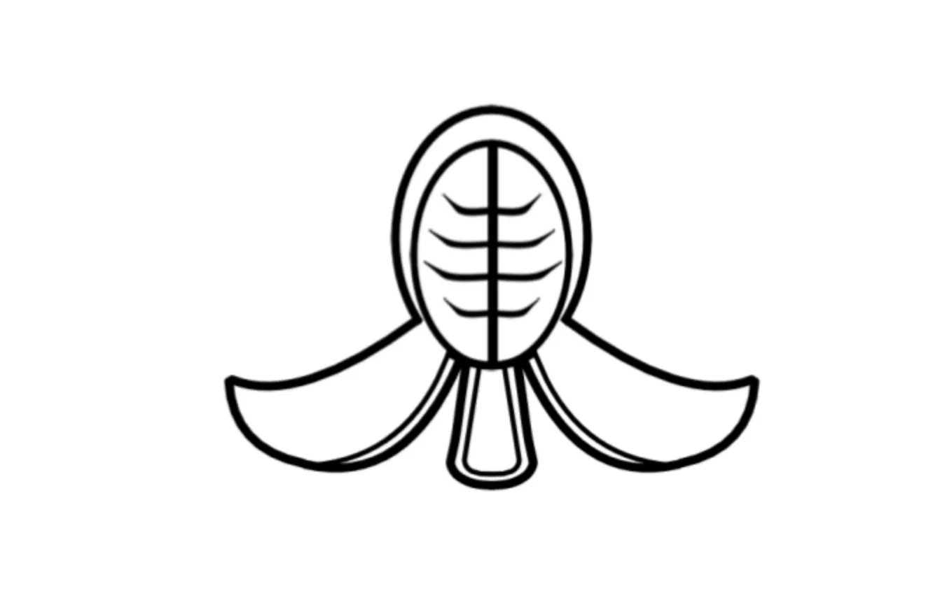 An early line-art construction of the kendo men (helmet) shape: a wide, rounded oval head with rib lines, no color, no swords, no text.