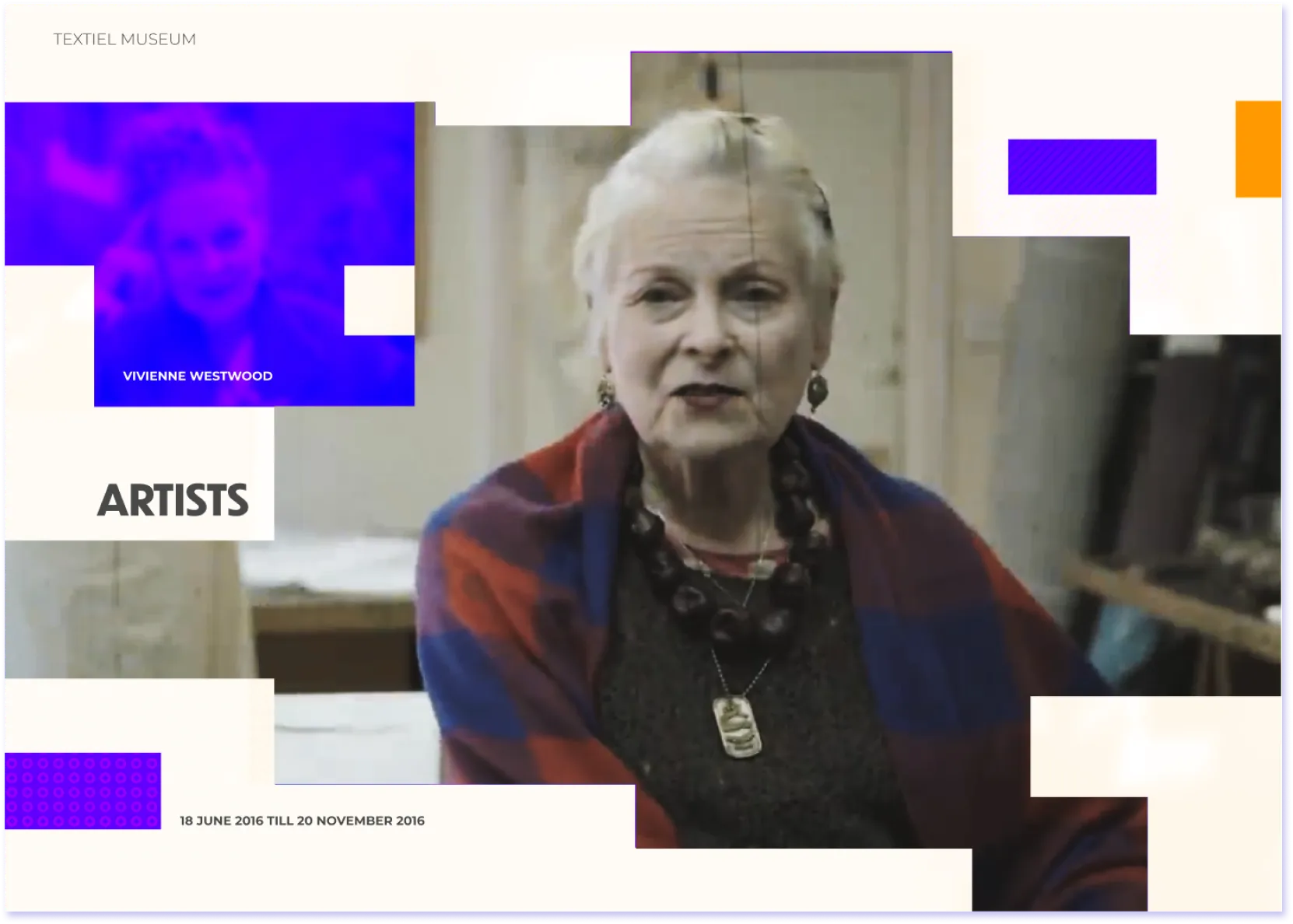 Vivienne Westwood artist profile screen in blue-violet, featuring archival interview video of Westwood, her name, and Haute Couture / Punk + New Wave section tags.
