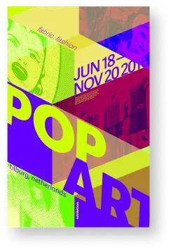 Finished 'POP ART FABRICS & FASHION' poster in blue and magenta, with a diagonal grid composition.
