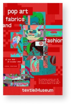Finished 'pop art fabrics and fashion' poster in red, with a collaged comic-and-photography treatment.