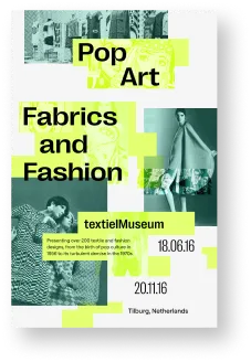 Finished 'Pop Art Fabrics and Fashion' poster in teal and white, with duotone fashion photography.