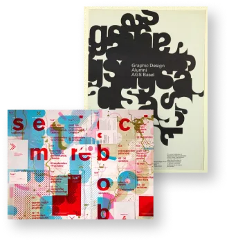 Research reference: a Graphic Design Alumni poster for ACG Basel, alongside a bright collage-style poster combining red, blue, and pink geometric fragments with typography.