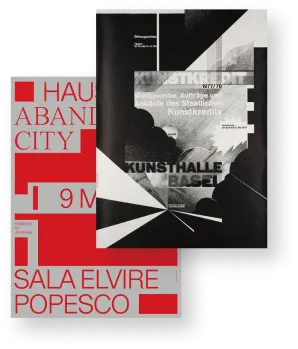 Research reference: two Kunsthalle Basel exhibition posters in the Swiss International Style — one a stark black-and-white geometric composition, the other bold red typographic blocks.