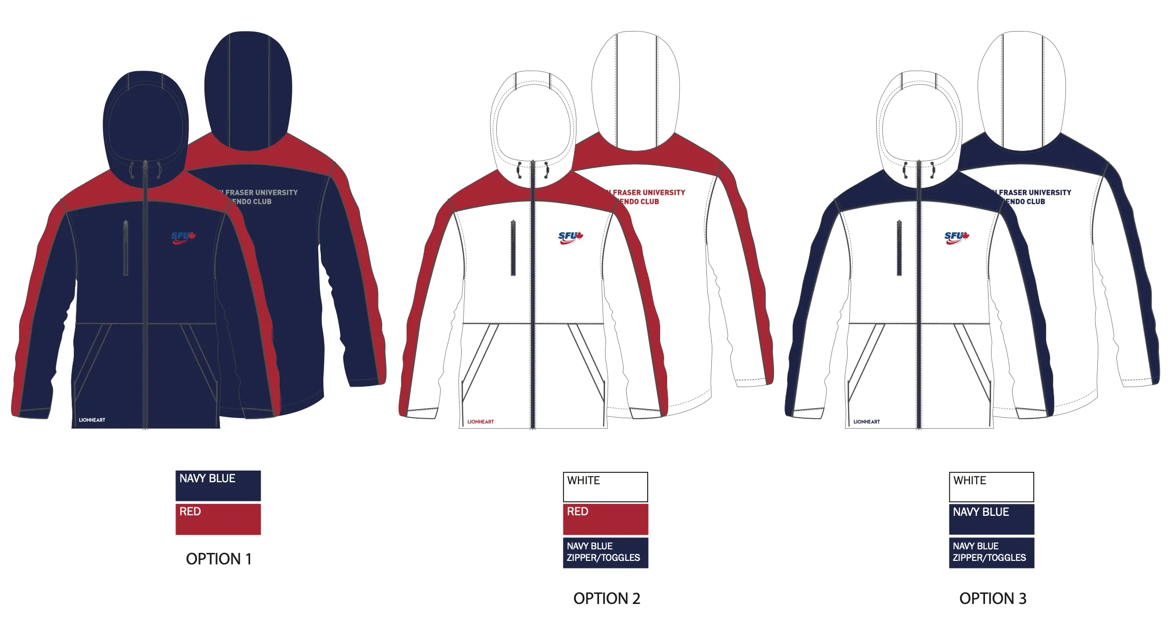Three club jacket colorway options: navy/red, white/red with navy zipper, and white/navy.