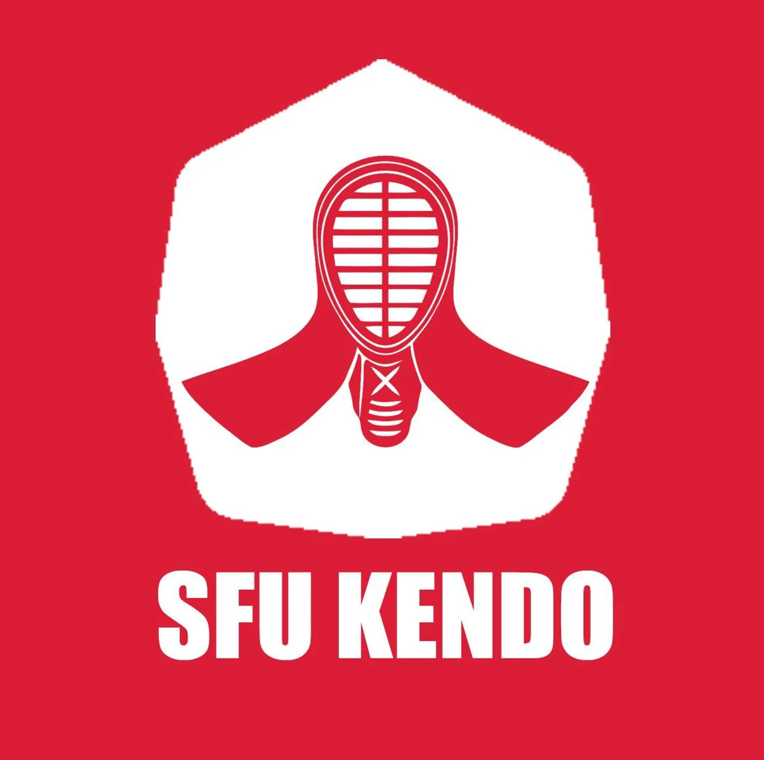 The previous SFU Kendo logo: a red pentagon badge with a white kendo men (helmet) silhouette and 'SFU KENDO' wordmark below.