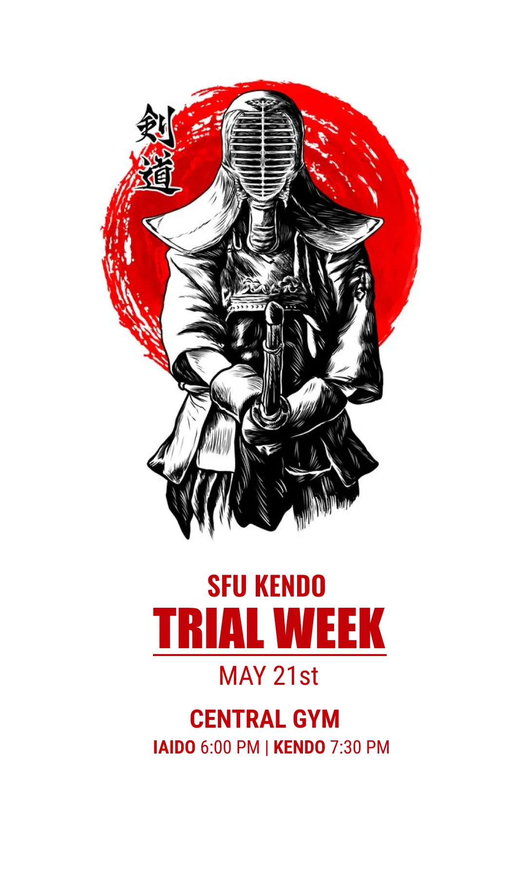 Instagram Story graphic: an ink-illustrated standing kendo figure over a red rising-sun motif, promoting SFU Kendo Trial Week.