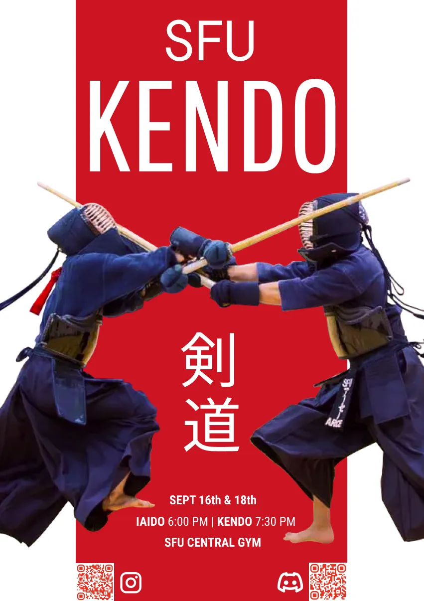 SFU Kendo poster: a photograph of two kendo practitioners crossing shinai, on a red background with kanji for kendo.